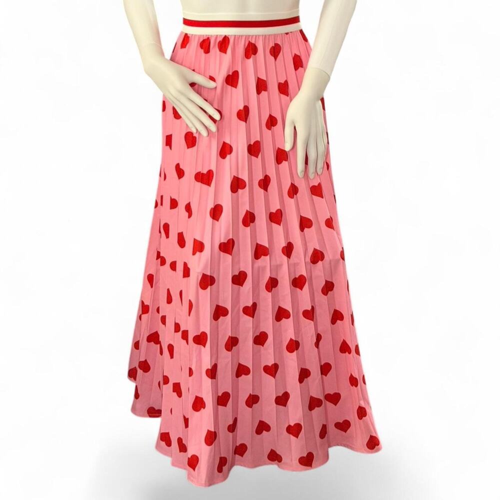 Pink & Red Hearts Pleated Maxi Skirt Elastic Band XL Cutecore Romantic Dopamine